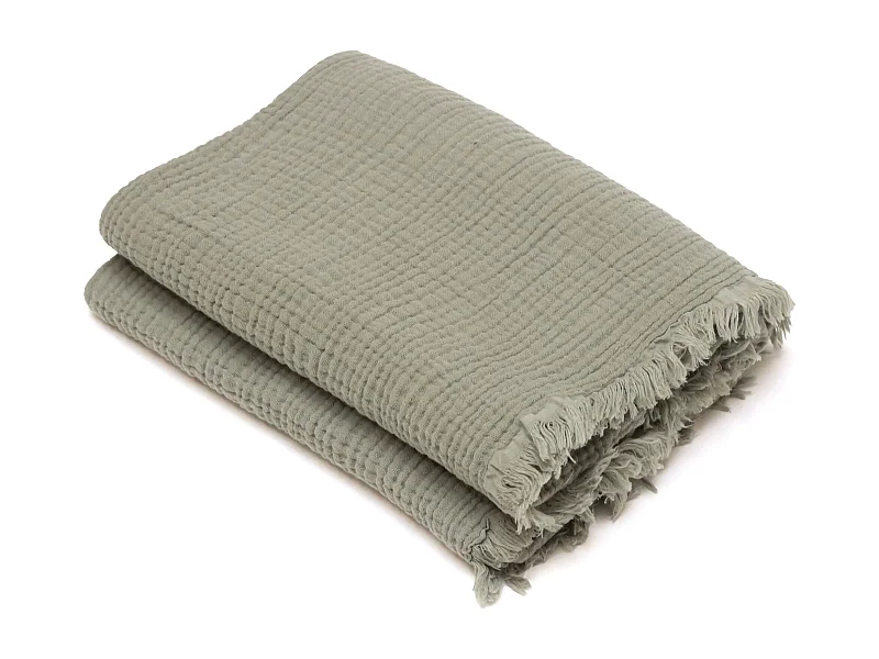 Drap de plage 95x180 cm mousseline de coton collection KEA avec franges vert kaki