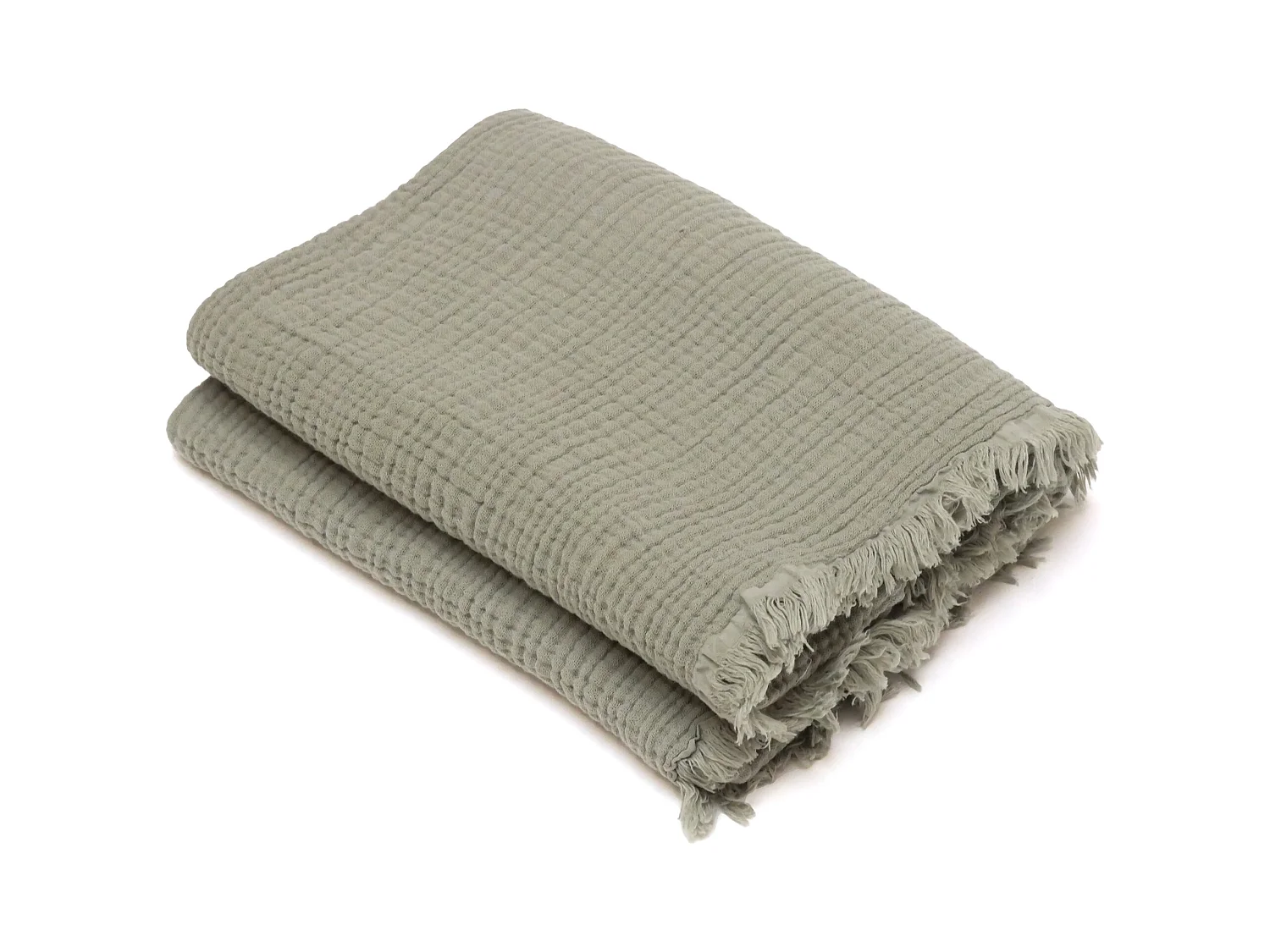 Drap de plage 95x180 cm mousseline de coton collection KEA avec franges vert kaki