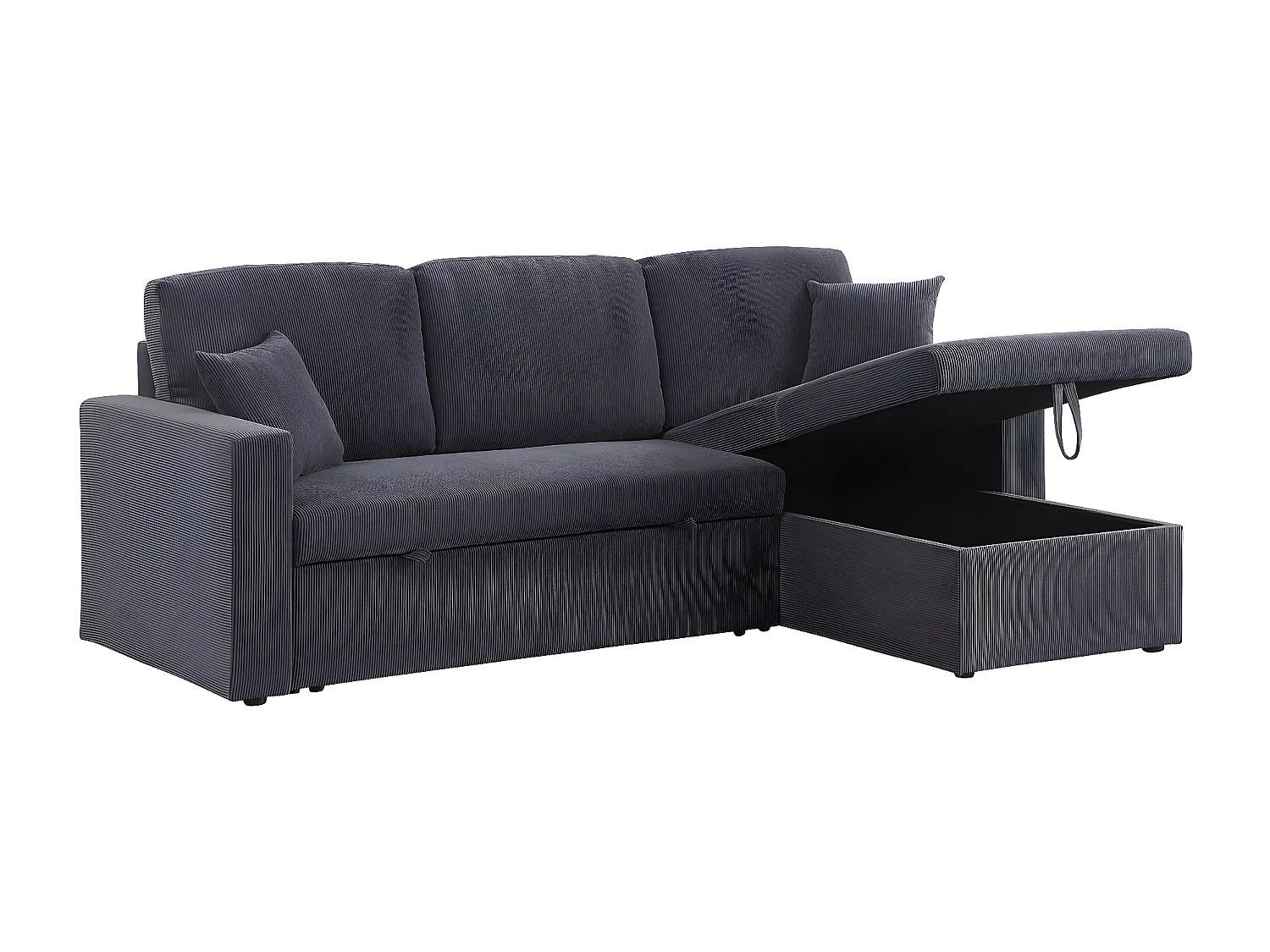 Sofá de canto conversível em veludo cotelê "Alain" - 3 lugares - Cinza com armazenamento