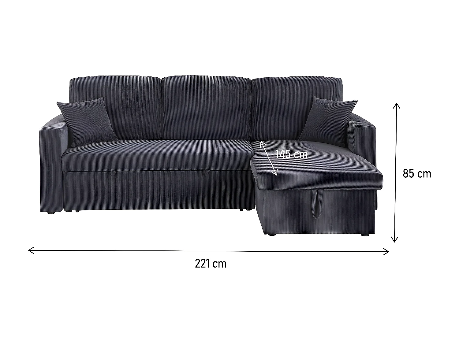 Sofá de canto conversível em veludo cotelê "Alain" - 3 lugares - Cinza com armazenamento