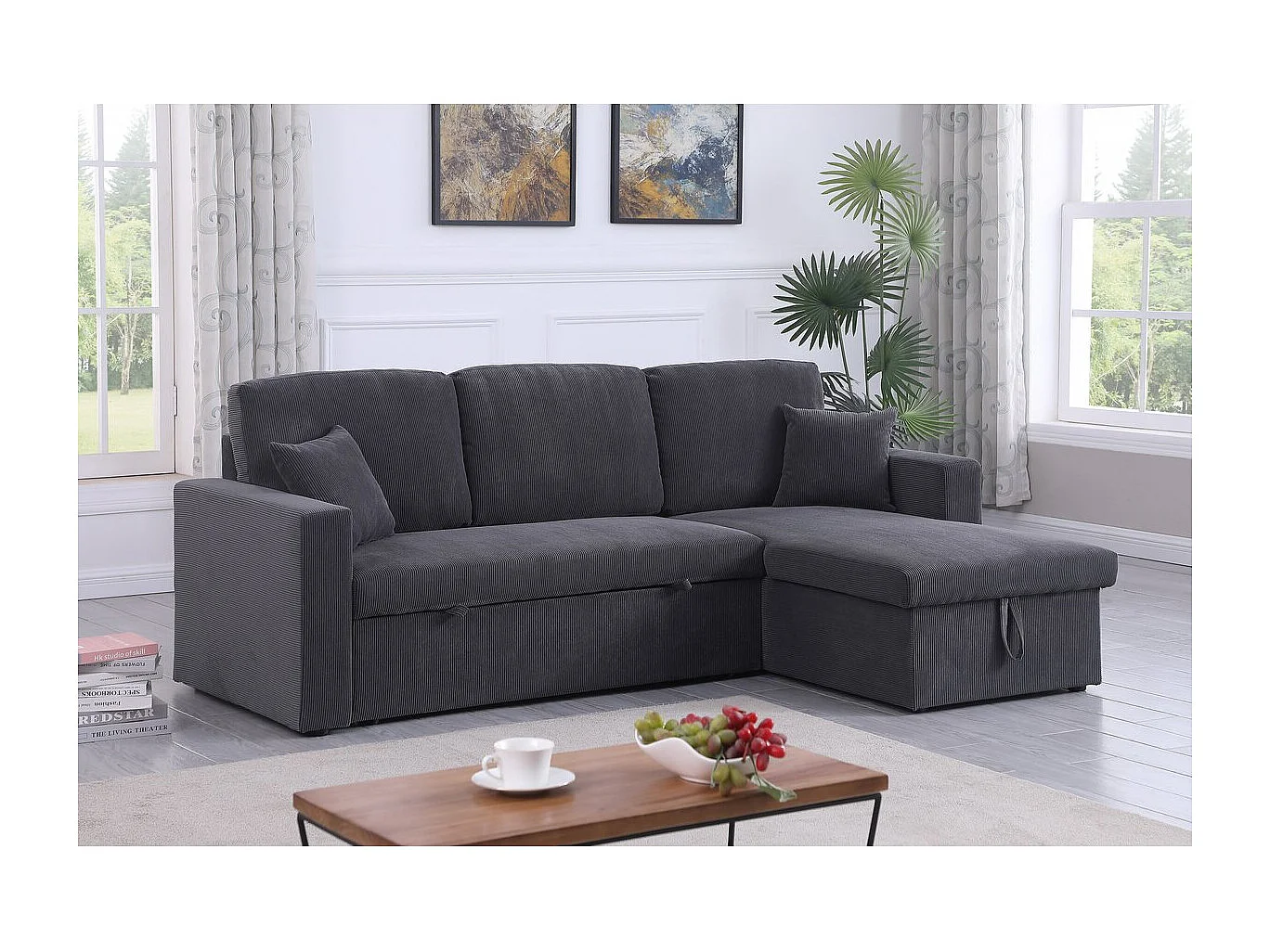 Canapé d'angle convertible en velours côtelé "Alain" - 3 places - Gris