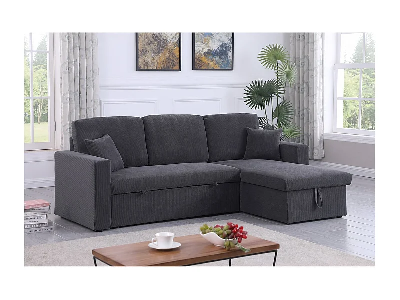 Canapé d'angle convertible en velours côtelé "Alain" - 3 places - Gris