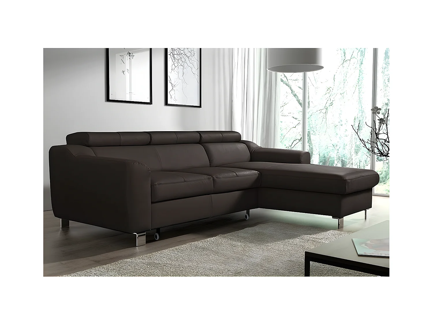 Canapé d'angle convertible en cuir italien de luxe 5 places ASTORIA, chocolat, angle droit