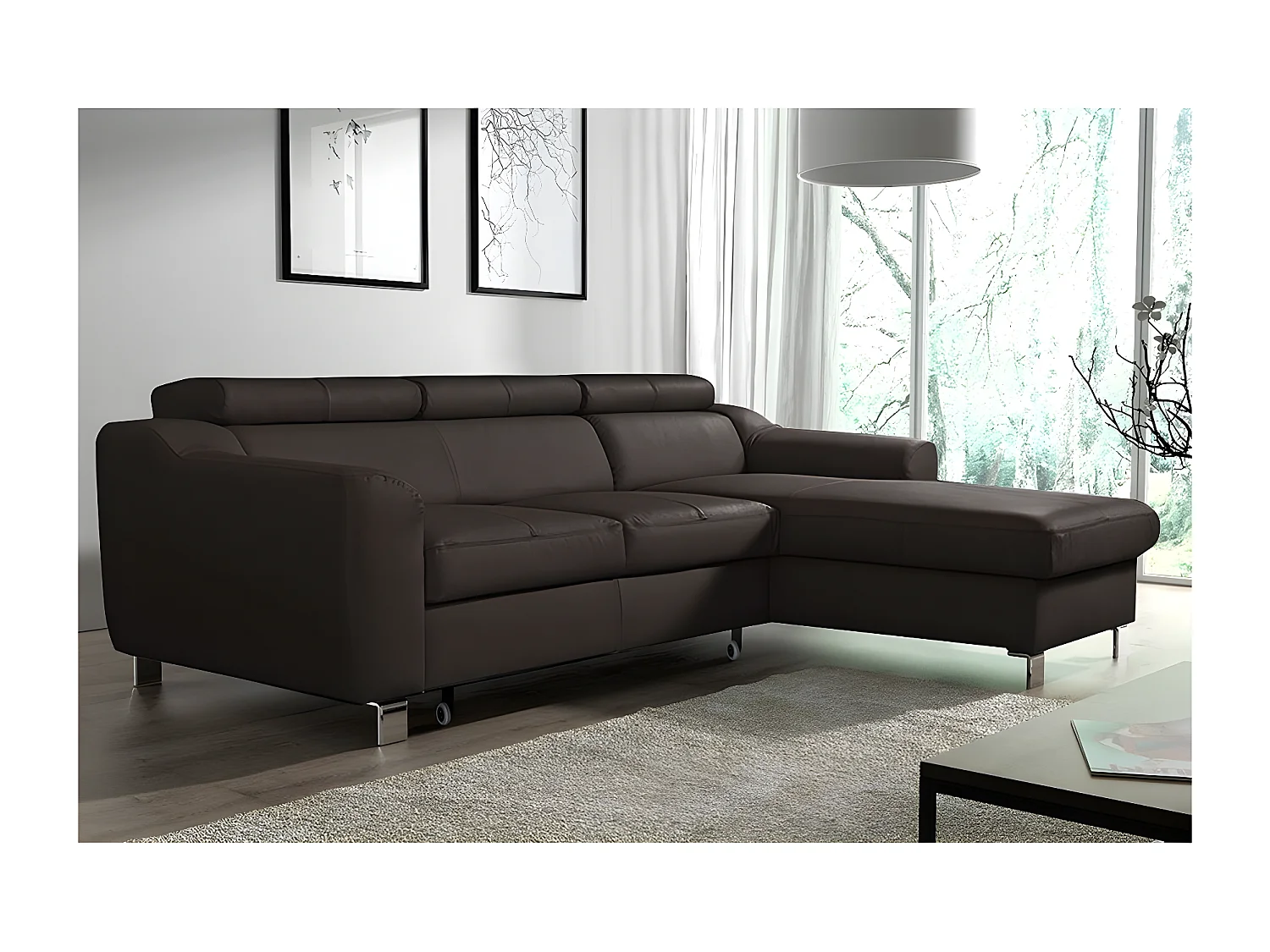Canapé d'angle convertible en cuir italien de luxe 5 places ASTORIA, chocolat, angle droit