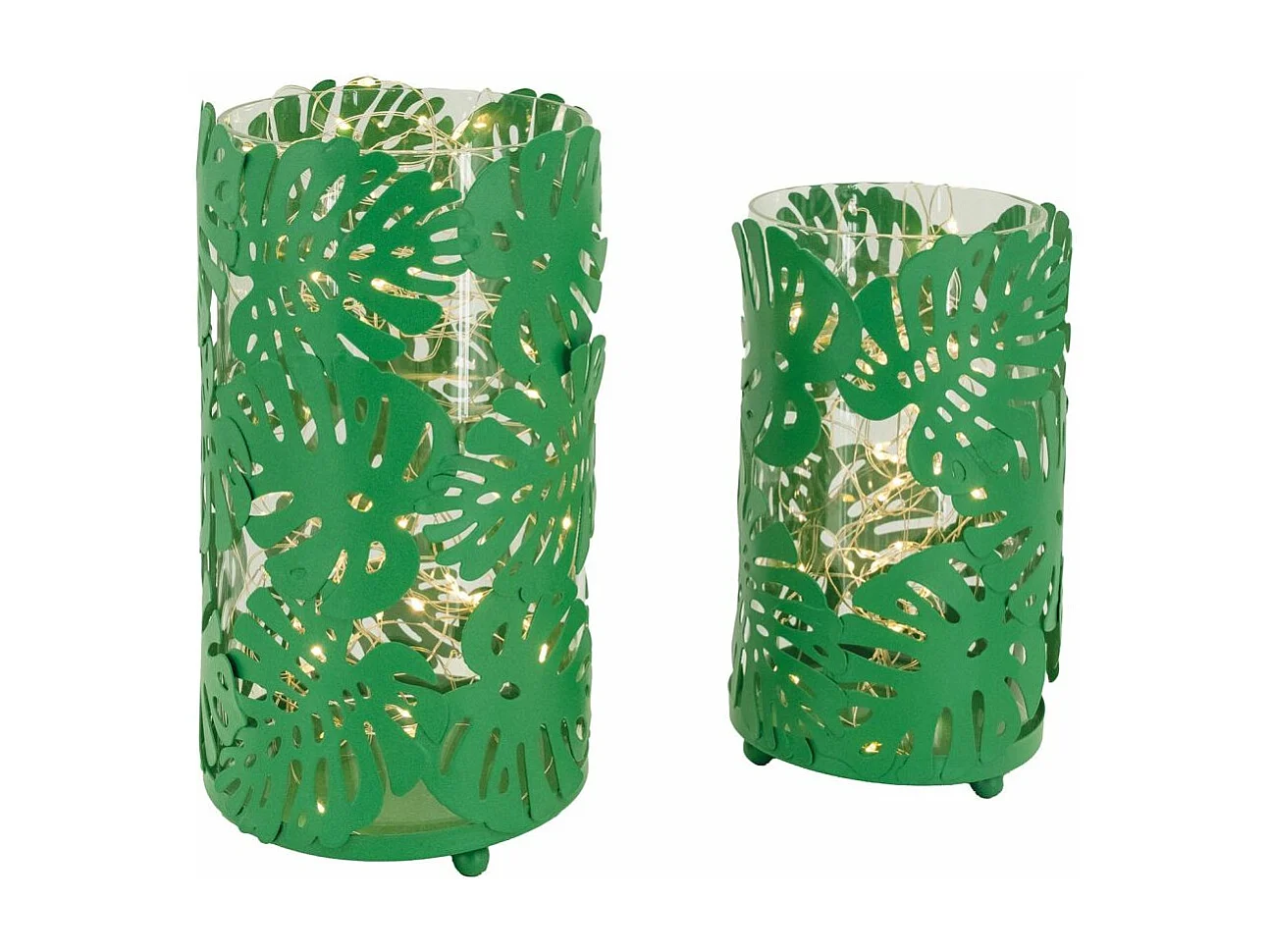 Photophores ronds verts feuilles tropicales métal (Lot de 2)