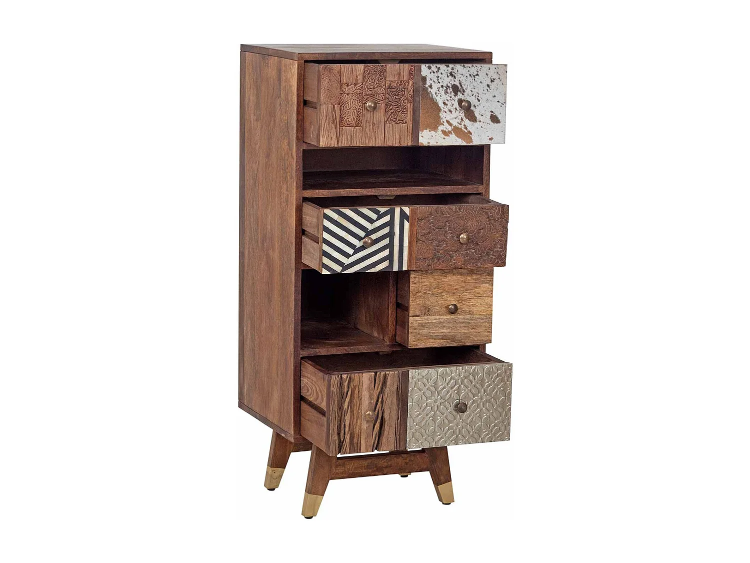 Chiffonnier multi-matériaux peau de vache bois sculpté | Manguier Terranova