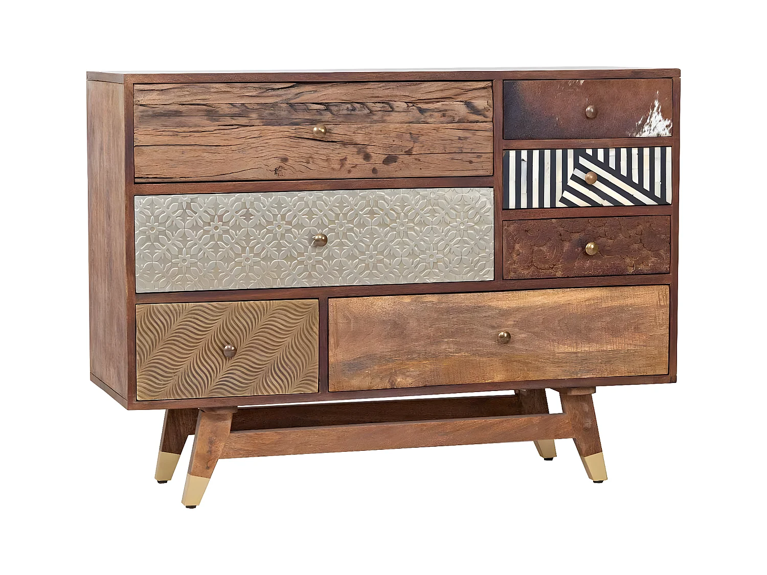 Commode multi-matériaux peau de vache bois sculpté | Manguier Terranova