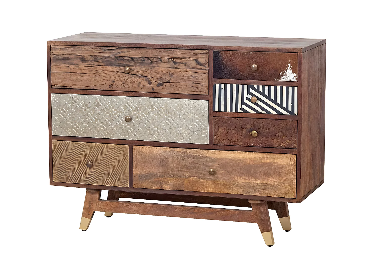 Commode multi-matériaux peau de vache bois sculpté | Manguier Terranova