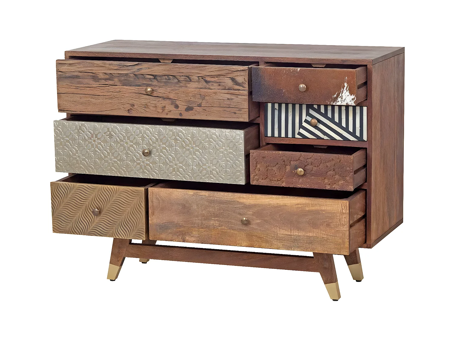 Commode multi-matériaux peau de vache bois sculpté | Manguier Terranova