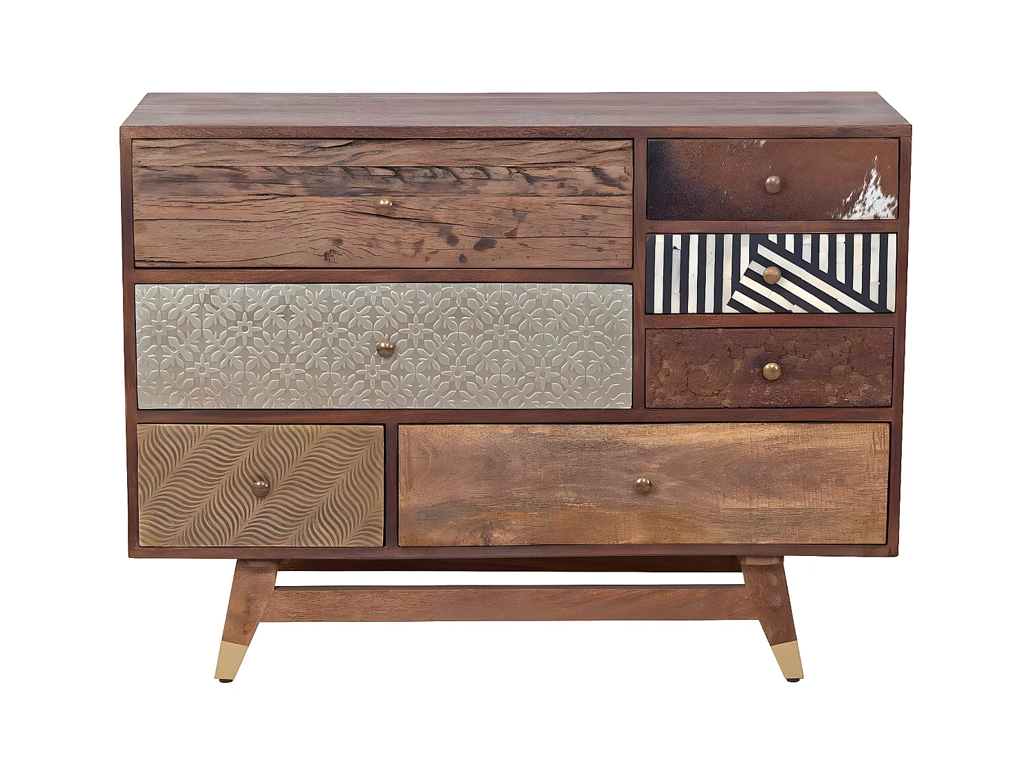 Commode multi-matériaux peau de vache bois sculpté | Manguier Terranova