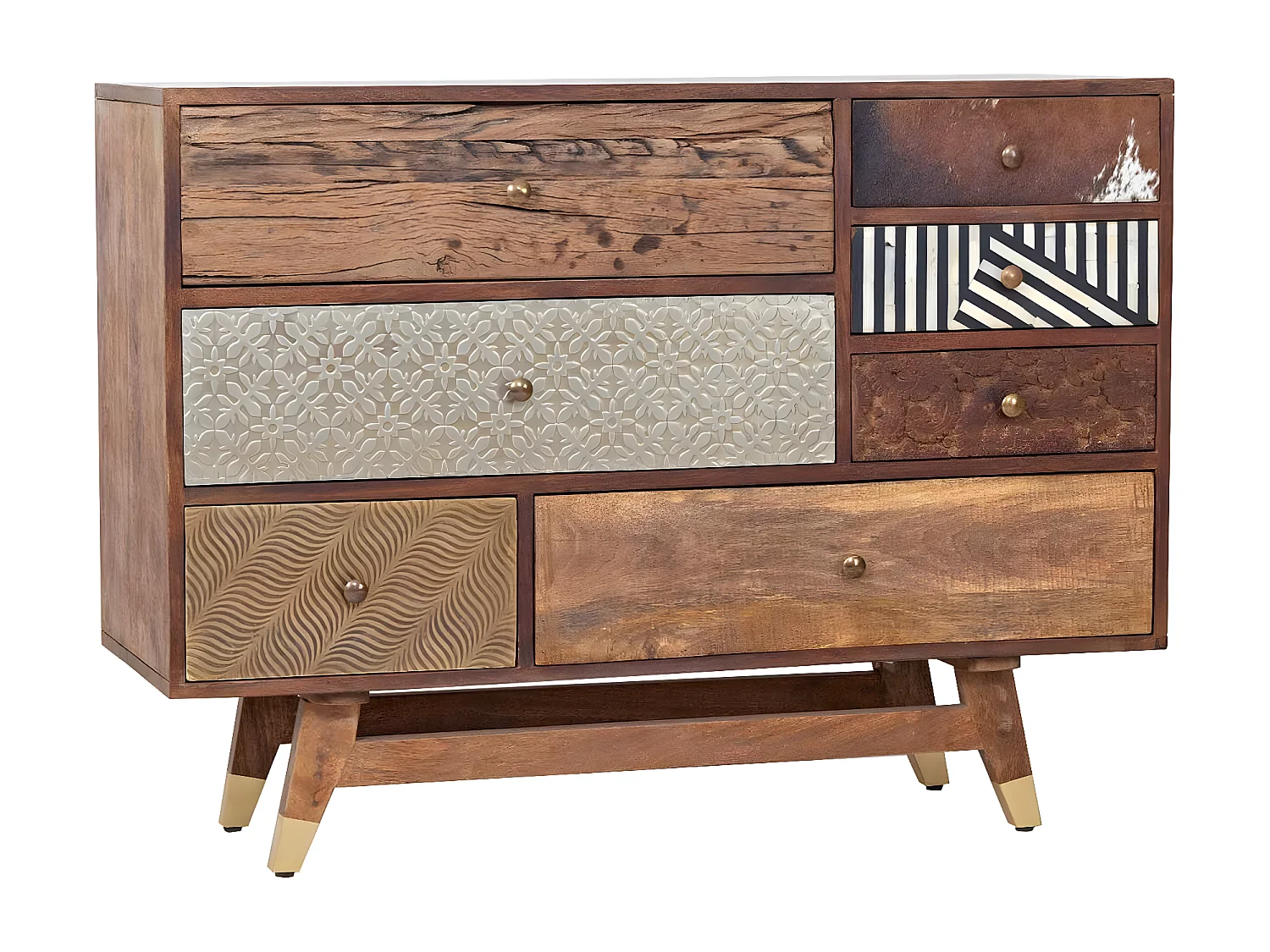 Commode multi-matériaux peau de vache bois sculpté | Manguier Terranova