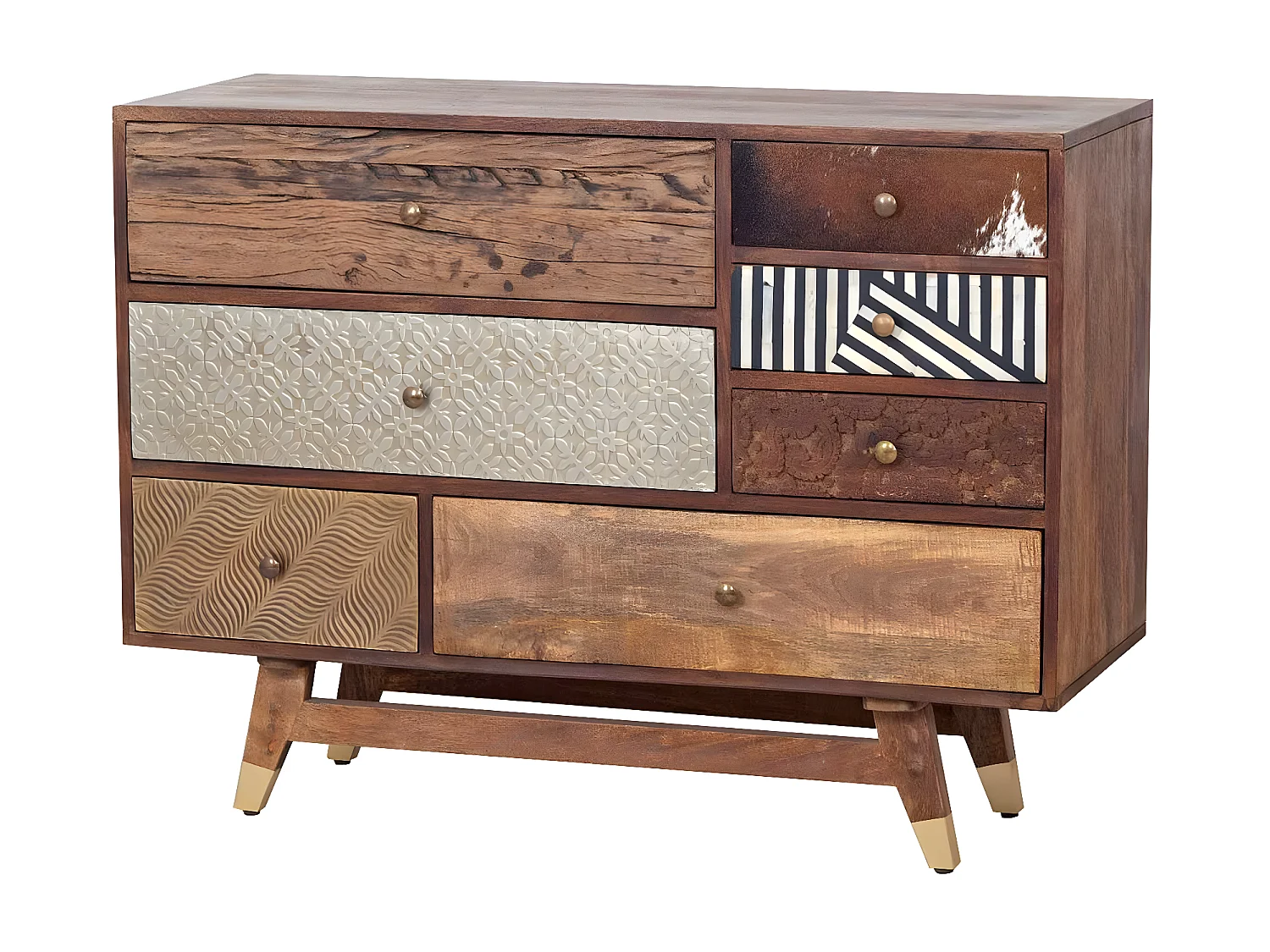 Commode multi-matériaux peau de vache bois sculpté | Manguier Terranova