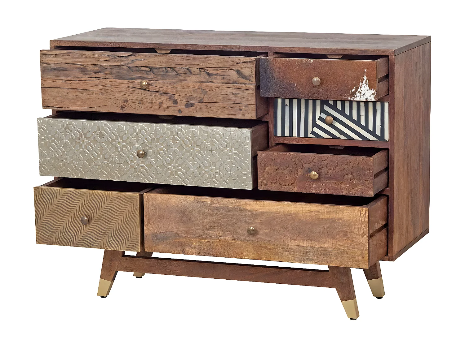 Commode multi-matériaux peau de vache bois sculpté | Manguier Terranova