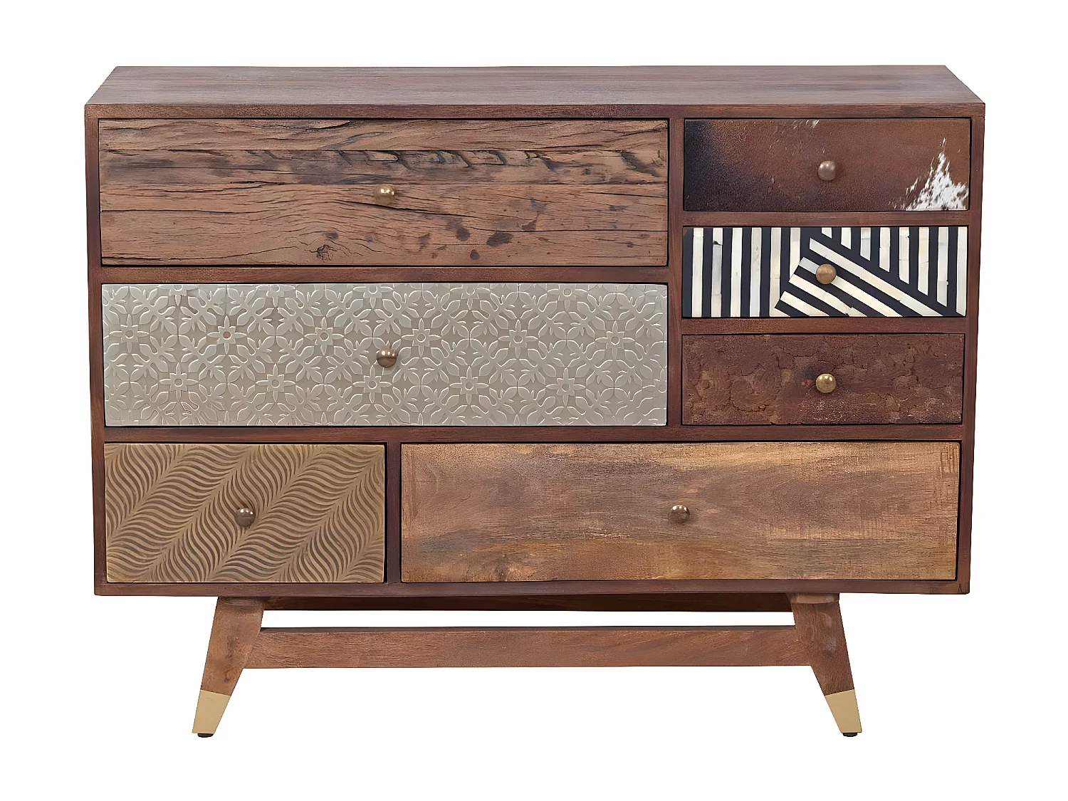 Commode multi-matériaux peau de vache bois sculpté | Manguier Terranova