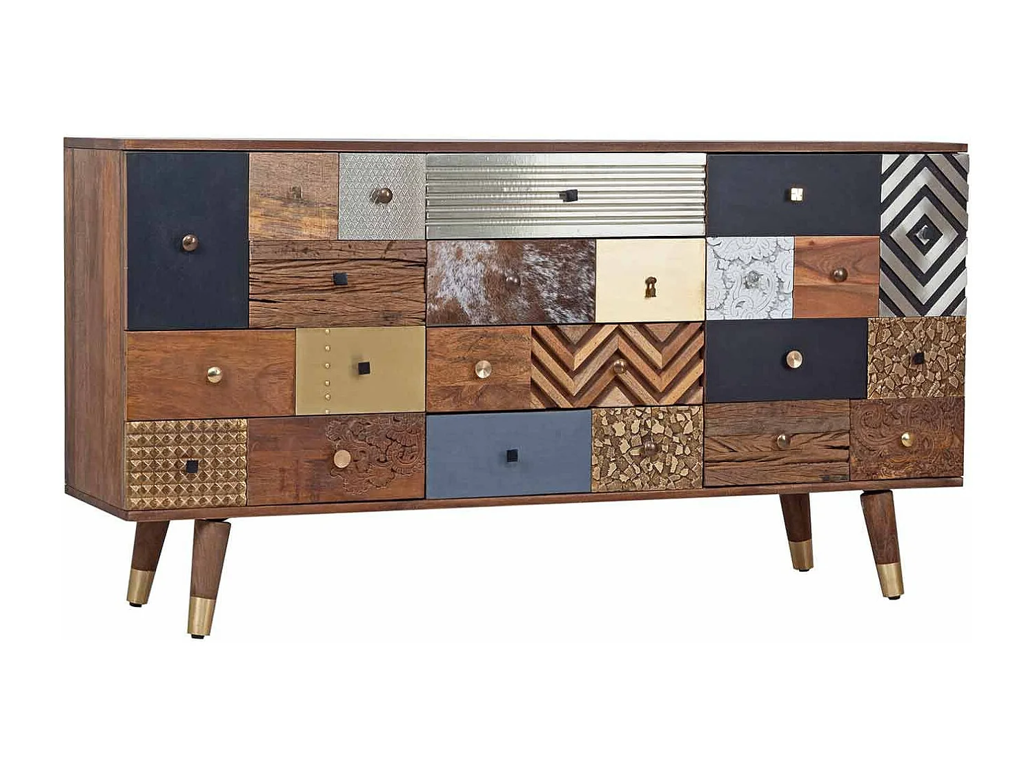 Meuble d'entrée multi-matériaux peau de vache bois sculpté | Manguier Terranova