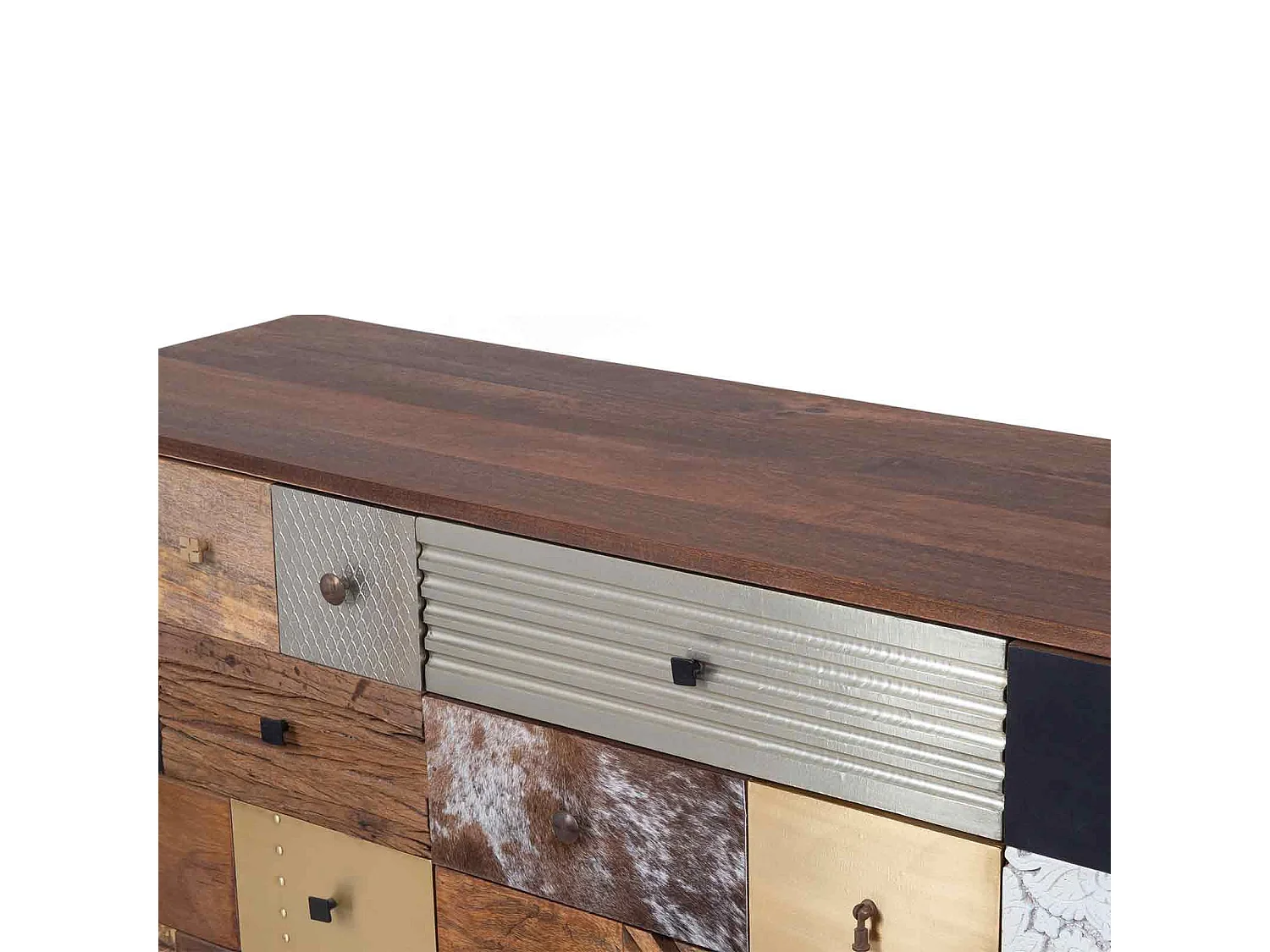 Meuble d'entrée multi-matériaux peau de vache bois sculpté | Manguier Terranova