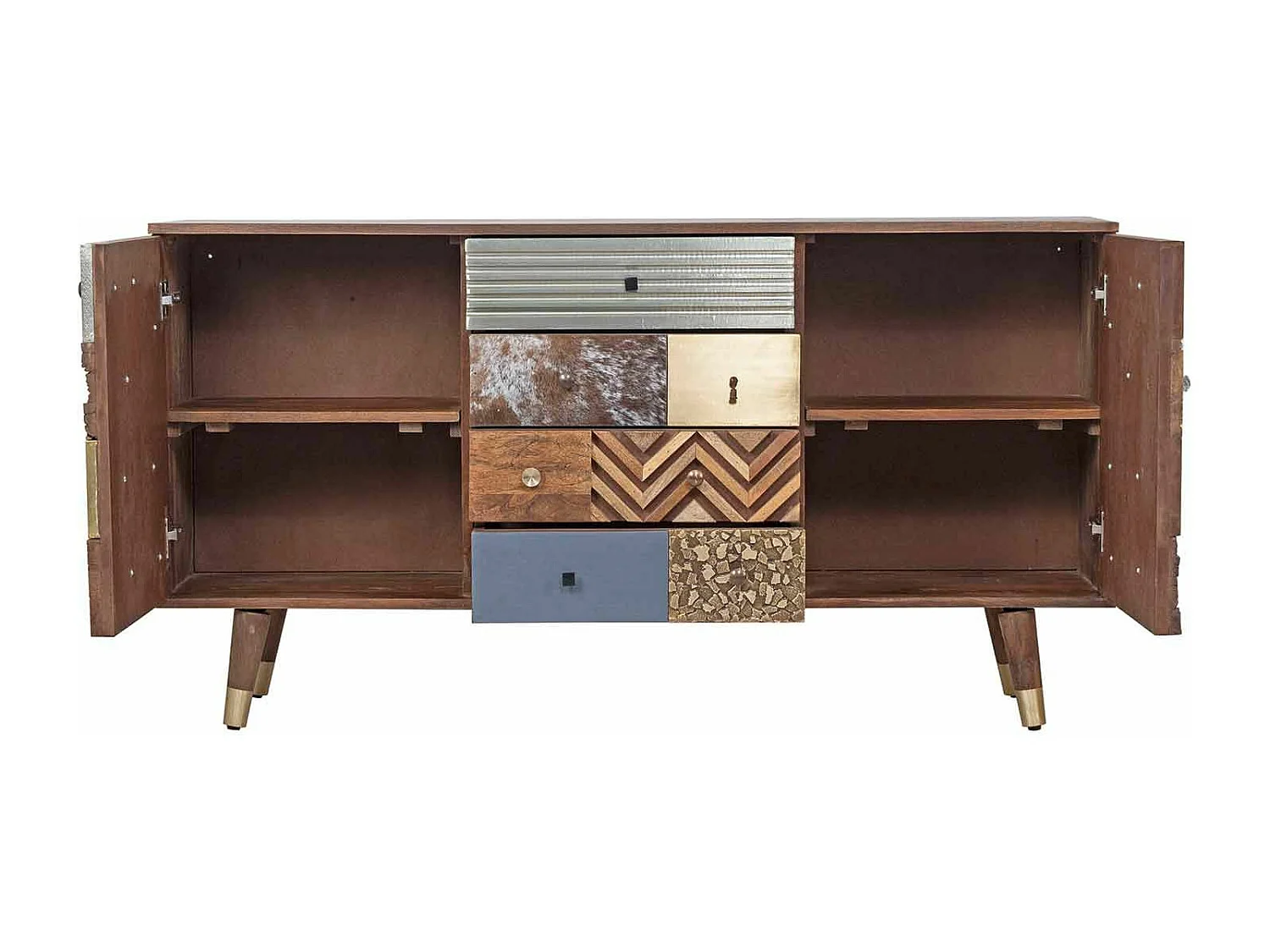 Meuble d'entrée multi-matériaux peau de vache bois sculpté | Manguier Terranova