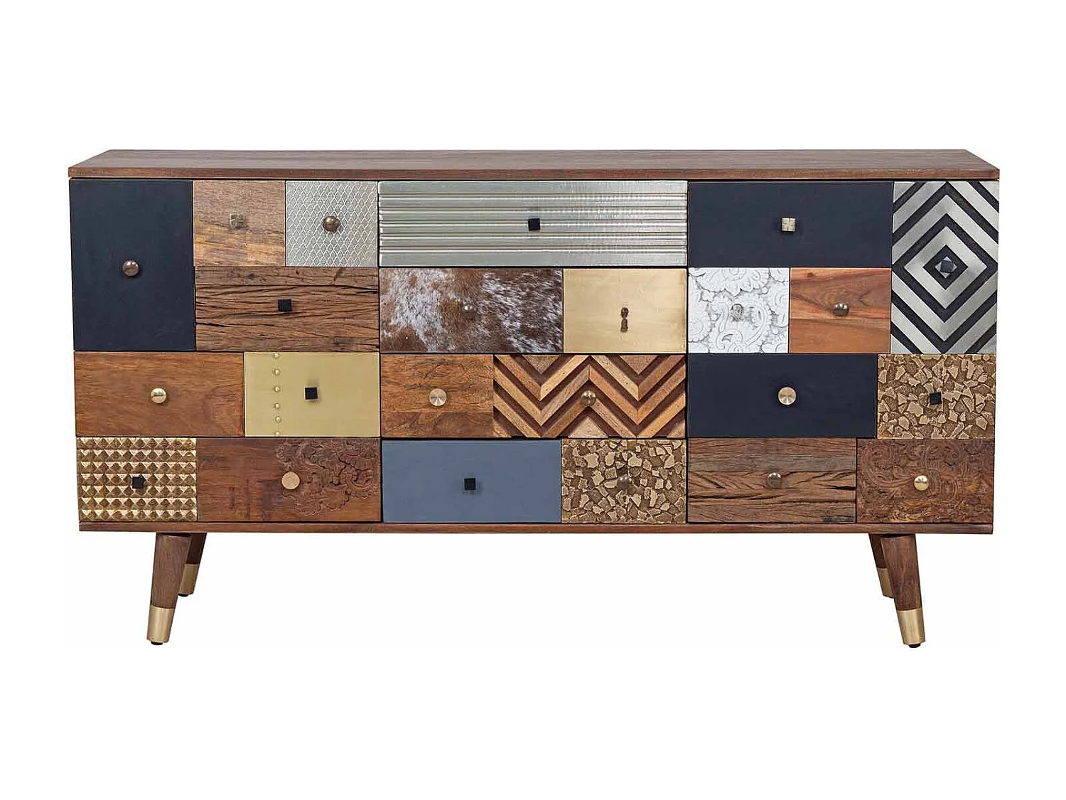 Meuble d'entrée multi-matériaux peau de vache bois sculpté | Manguier Terranova