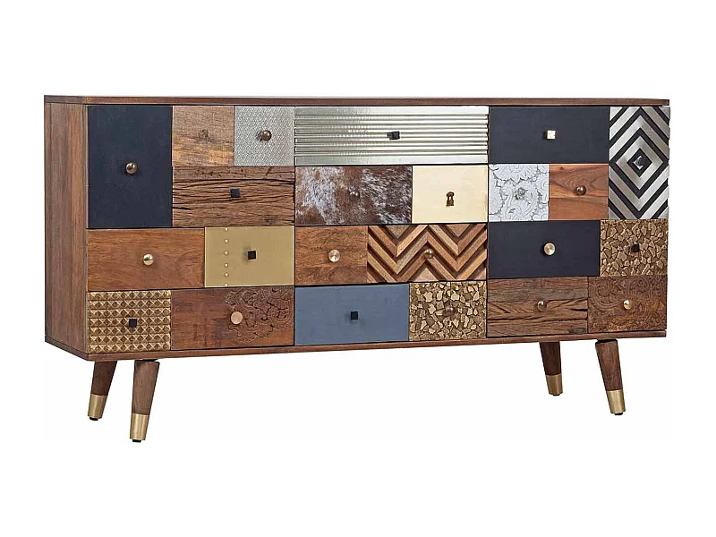 Meuble d'entrée multi-matériaux peau de vache bois sculpté | Manguier Terranova