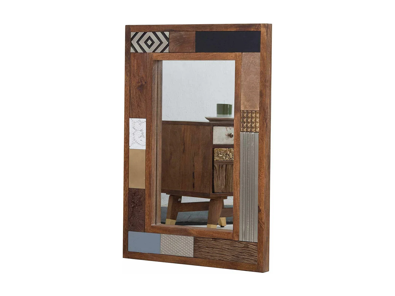 Miroir multi-matériaux peau de vache bois sculpté | Manguier Terranova