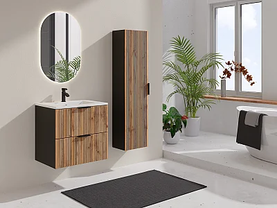 Colonne de salle de bain suspendue - Naturel clair et noir -  H140 cm - MADELA