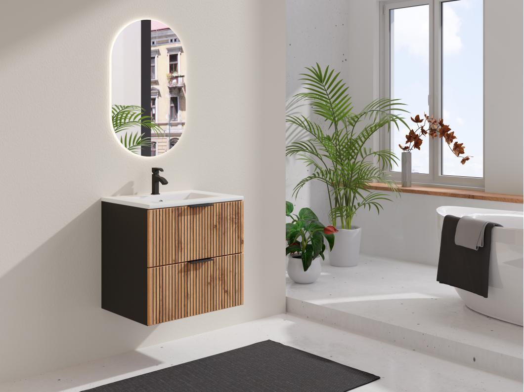 Geribbeld hangend meubel onder wastafel - Licht naturel en zwart - 60 cm - MADELA