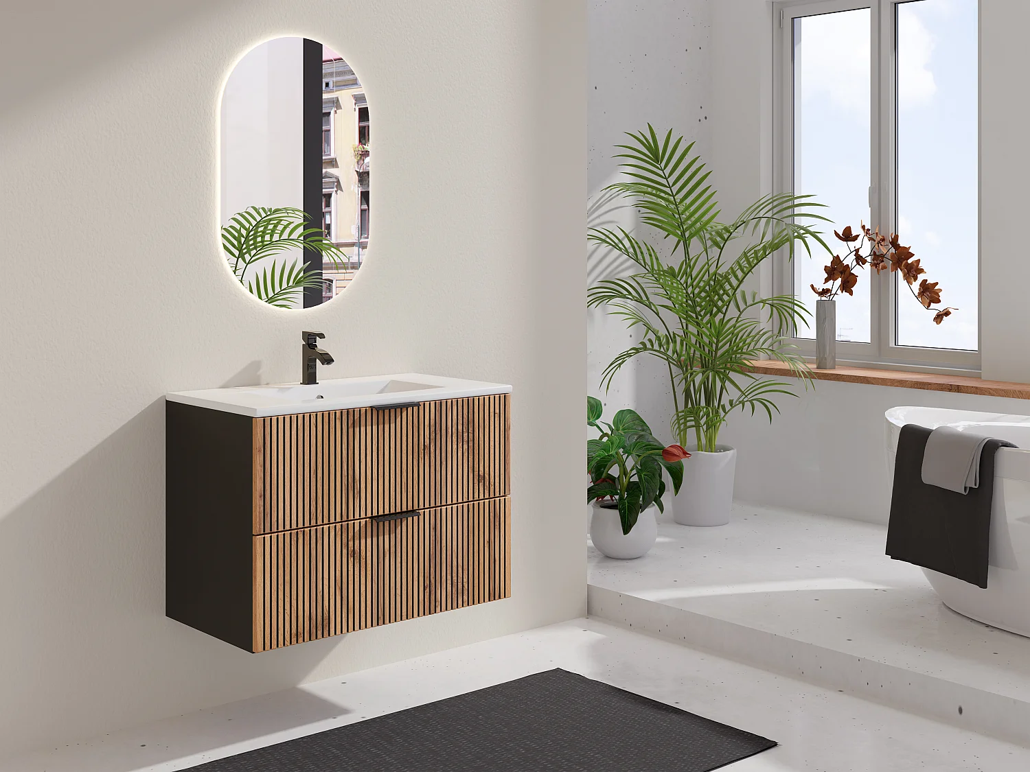 Geribbeld hangend meubel onder wastafel - Licht naturel en zwart - 80 cm - MADELA