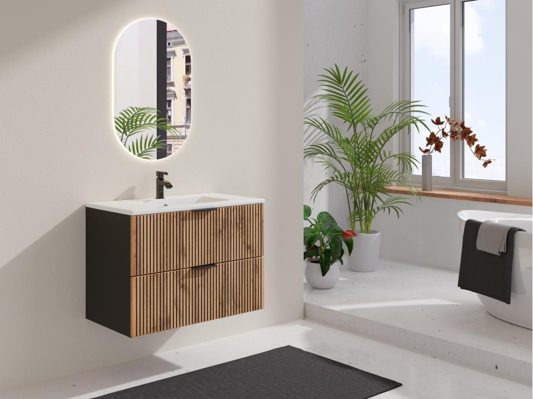 Meuble sous vasque suspendu strié - Naturel clair et noir - 80 cm - MADELA