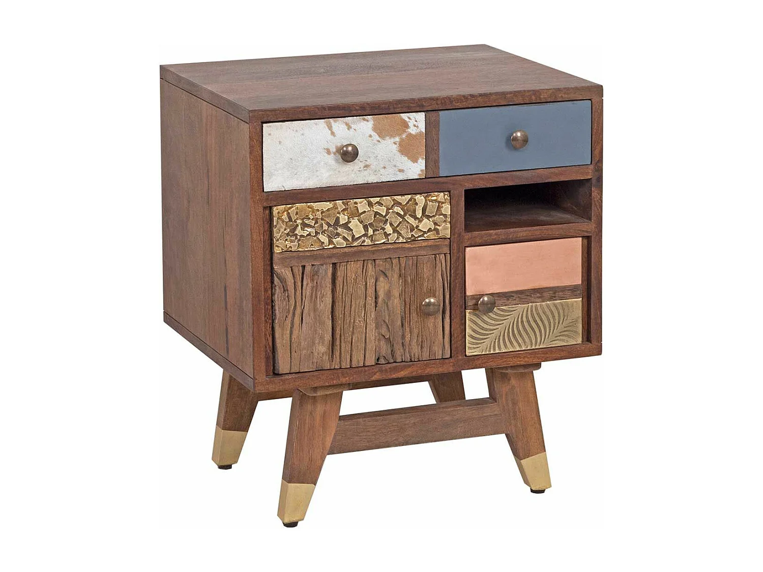 Chevet multi-matériaux peau de vache bois sculpté | Manguier Terranova