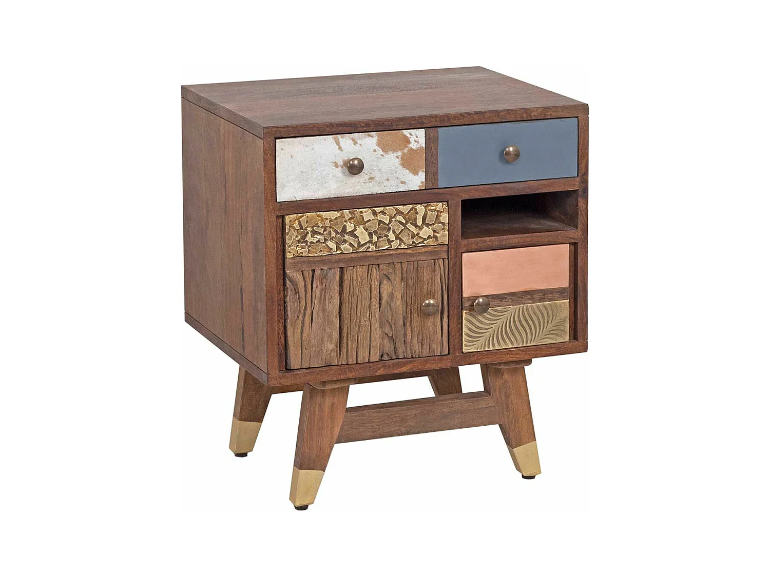 Chevet multi-matériaux peau de vache bois sculpté | Manguier Terranova
