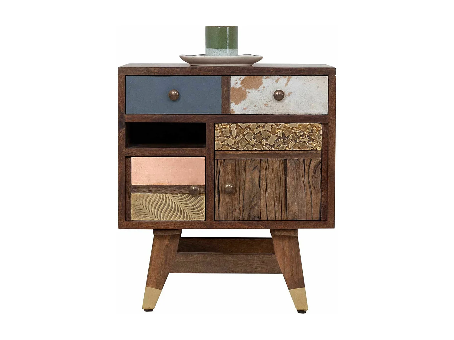 Chevet multi-matériaux peau de vache bois sculpté | Manguier Terranova