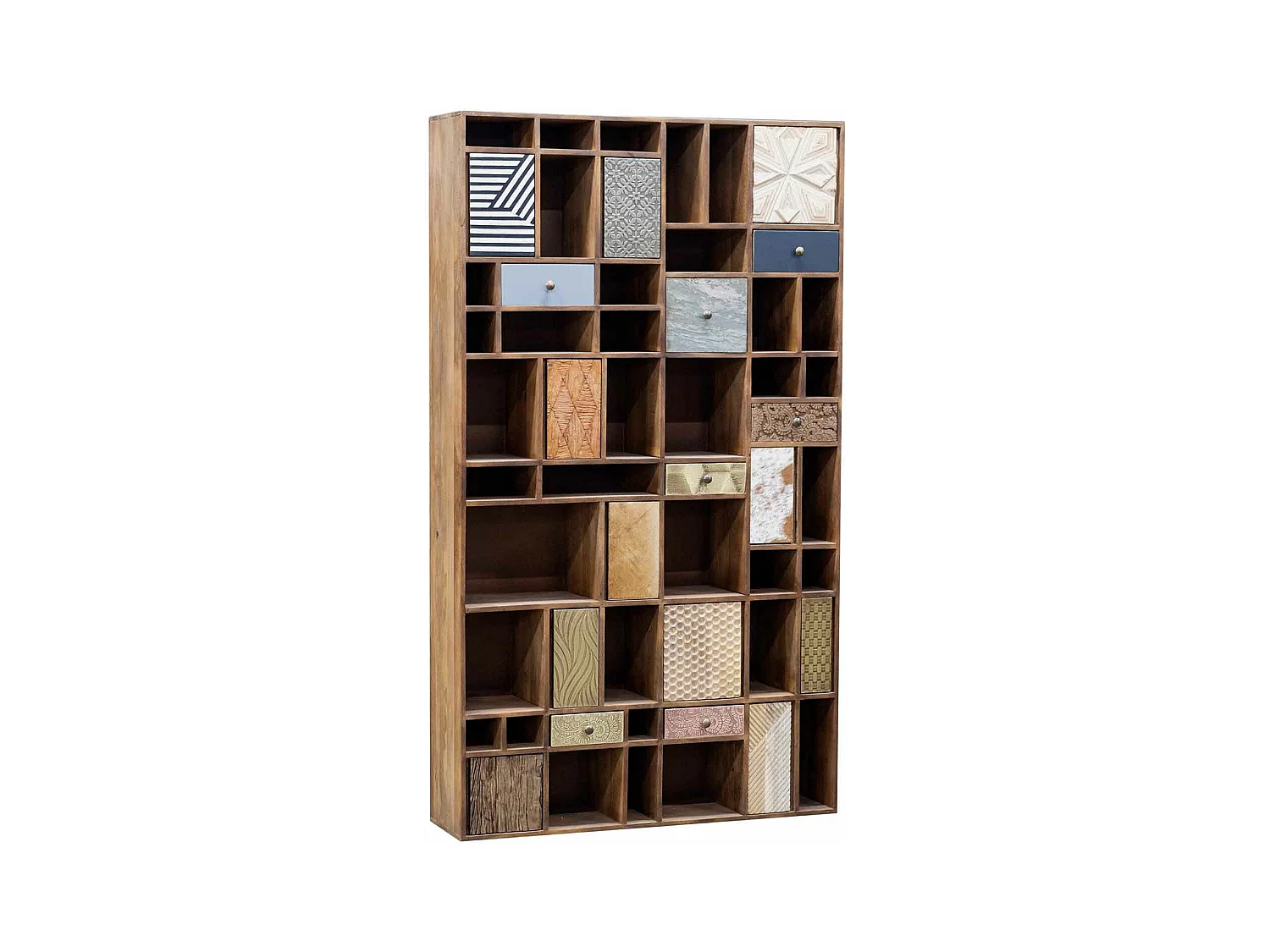 Bibliothèque multi-matériaux peau de vache bois sculpté | Manguier Terranova