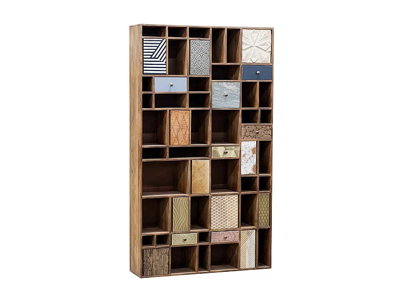 Bibliothèque multi-matériaux peau de vache bois sculpté | Manguier Terranova