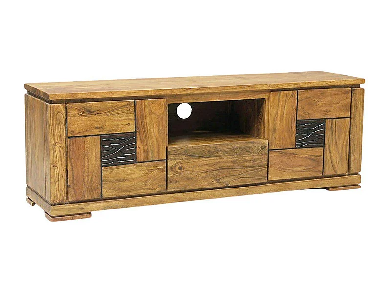 Meuble TV bois sculpté bicolore 160 2P 1T | Acacia Maya