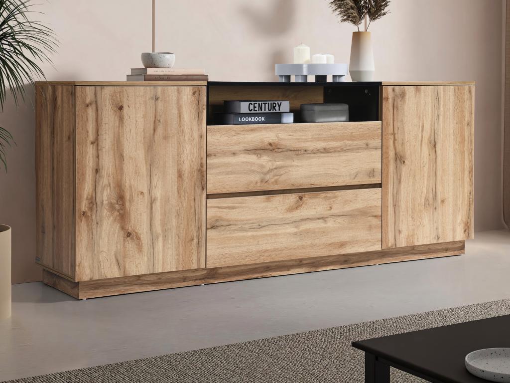 Buffet avec 2 portes, 2 tiroirs et 1 niche - Naturel clair et Noir - CEMILINA