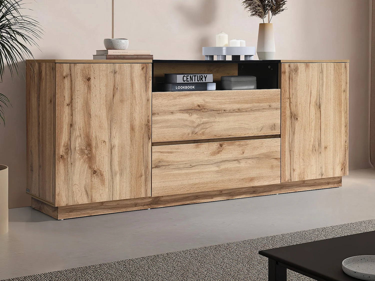 Buffet avec 2 portes, 2 tiroirs et 1 niche - Naturel clair et Noir - CEMILINA