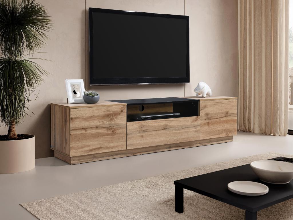 Meuble TV avec 2 portes, 1 tiroir et 1 niche - Naturel clair et Noir - CEMILINA
