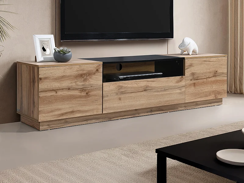 Tv-meubel met 2 deuren, 1 lade en 1 nis - Naturel en zwart - CEMILINA