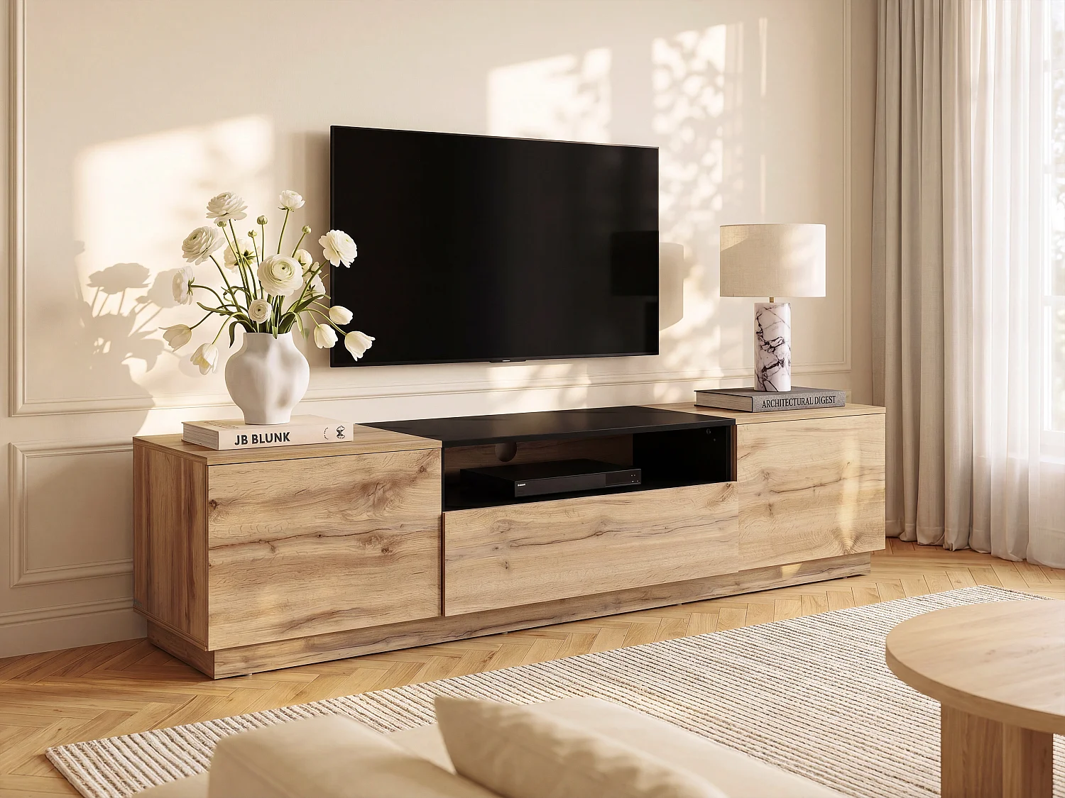 Meuble TV avec 2 portes, 1 tiroir et 1 niche - Naturel clair et Noir - CEMILINA