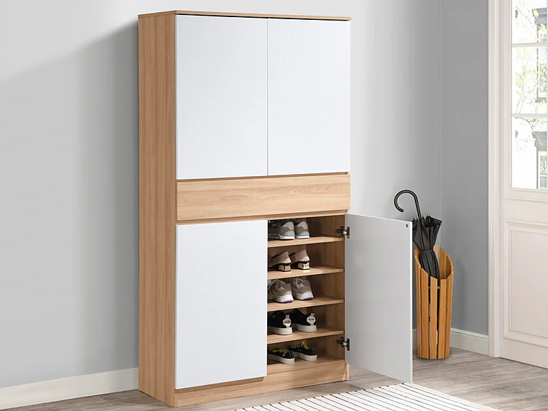 Meuble à chaussures avec 4 portes et 1 tiroir - Blanc et Naturel - COVIANA