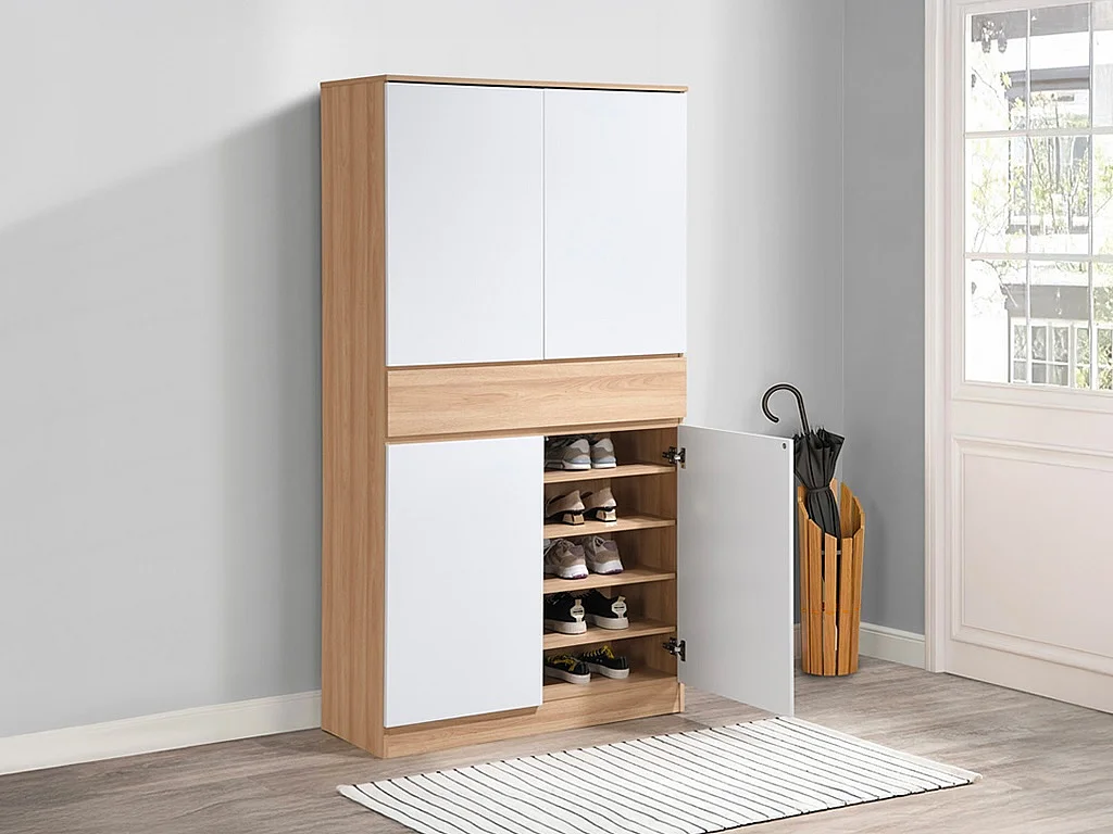 Schuhschrank mit 4 Türen & 1 Schublade - Weiß & Holzfarben - COVIANA