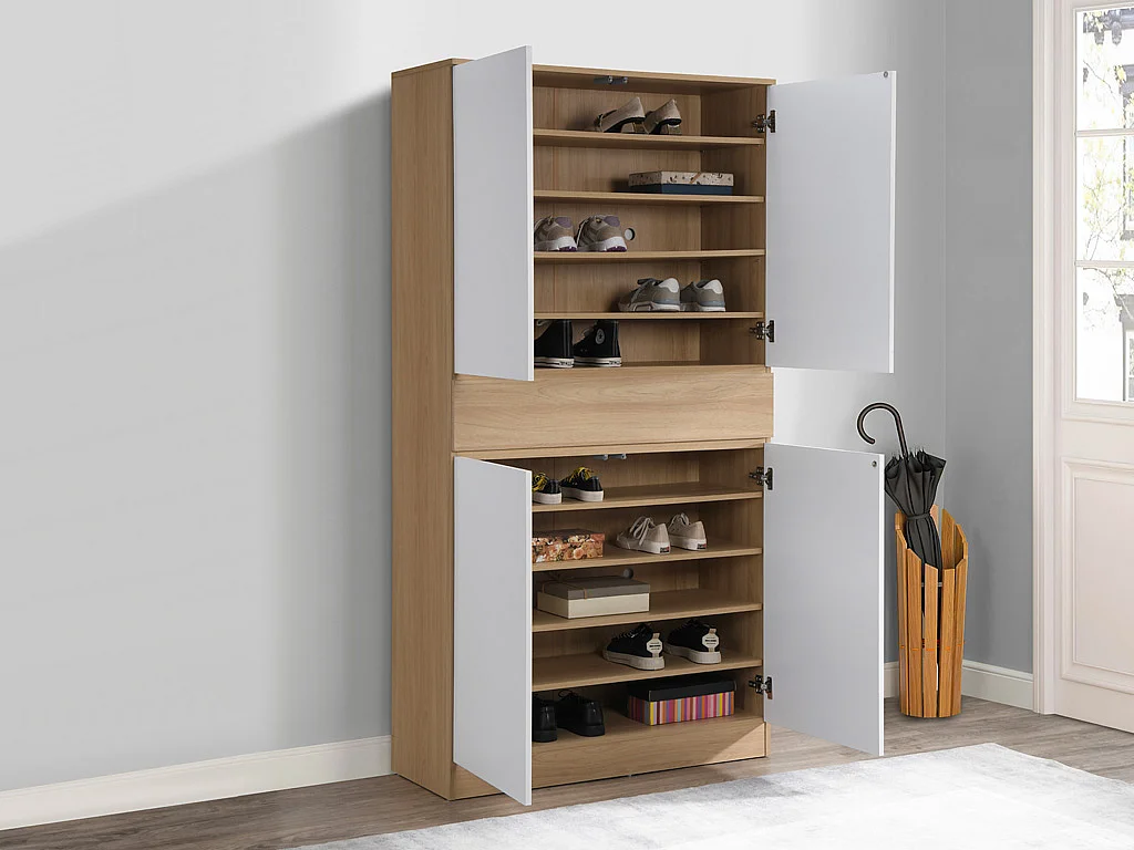 Mueble zapatero con 4 puertas y 1 cajón - Blanco y Natural - COVIANA
