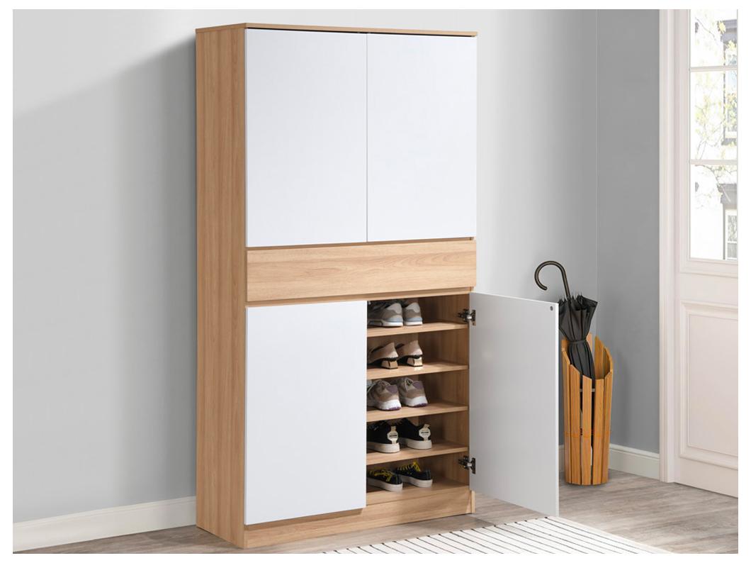 Meuble à chaussures avec 4 portes et 1 tiroir - Blanc et Naturel - COVIANA
