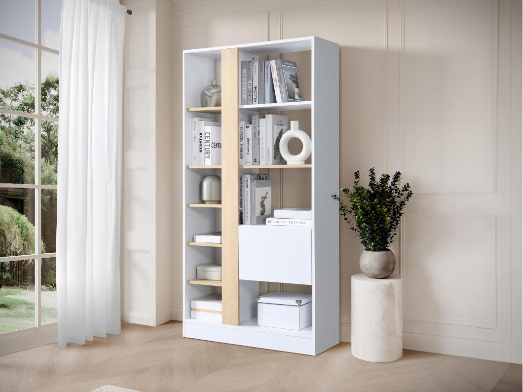 Bibliothèque avec 1 porte et 7 étagères - Naturel et Blanc - CALENIA