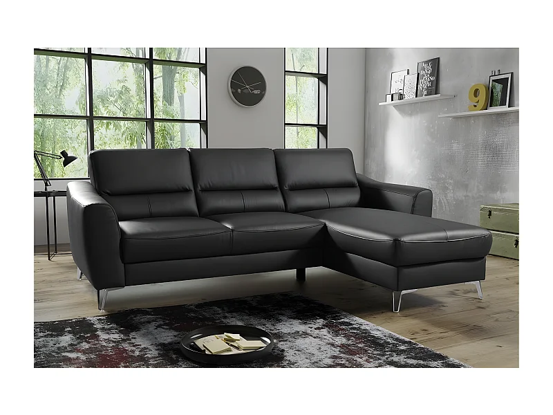 Canapé d'angle convertible en cuir italien de luxe 5 places SANTORIN, avec coffre, noir, angle droit