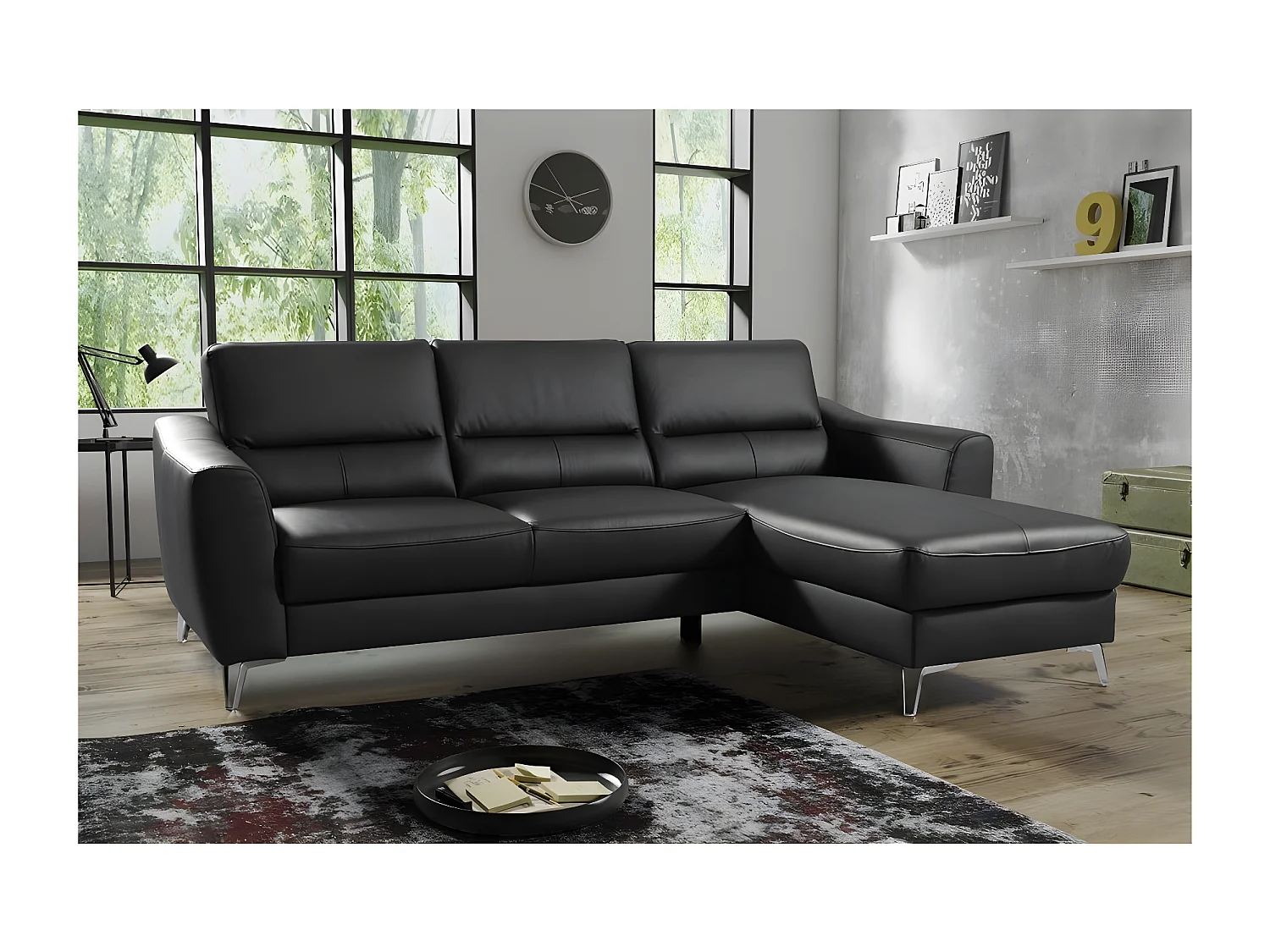 Canapé d'angle convertible en cuir italien de luxe 5 places SANTORIN, avec coffre, noir, angle droit