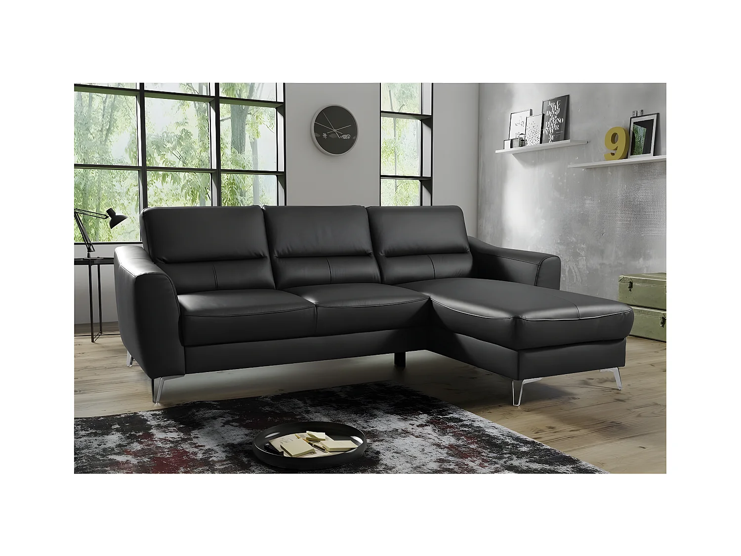 Canapé d'angle convertible en cuir italien de luxe 5 places SANTORIN, avec coffre, noir, angle droit