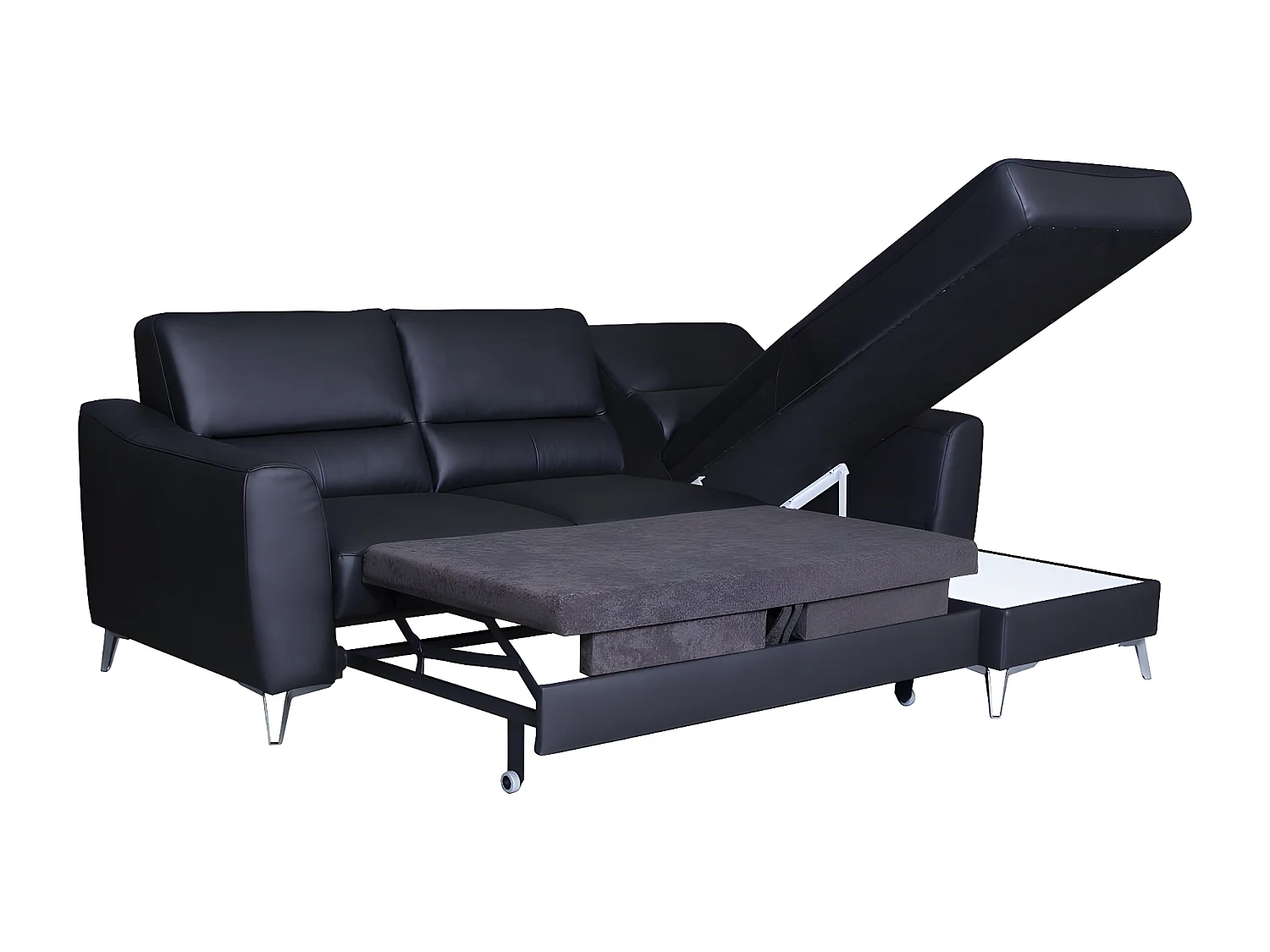 Canapé d'angle convertible en cuir italien de luxe 5 places SANTORIN, avec coffre, noir, angle droit