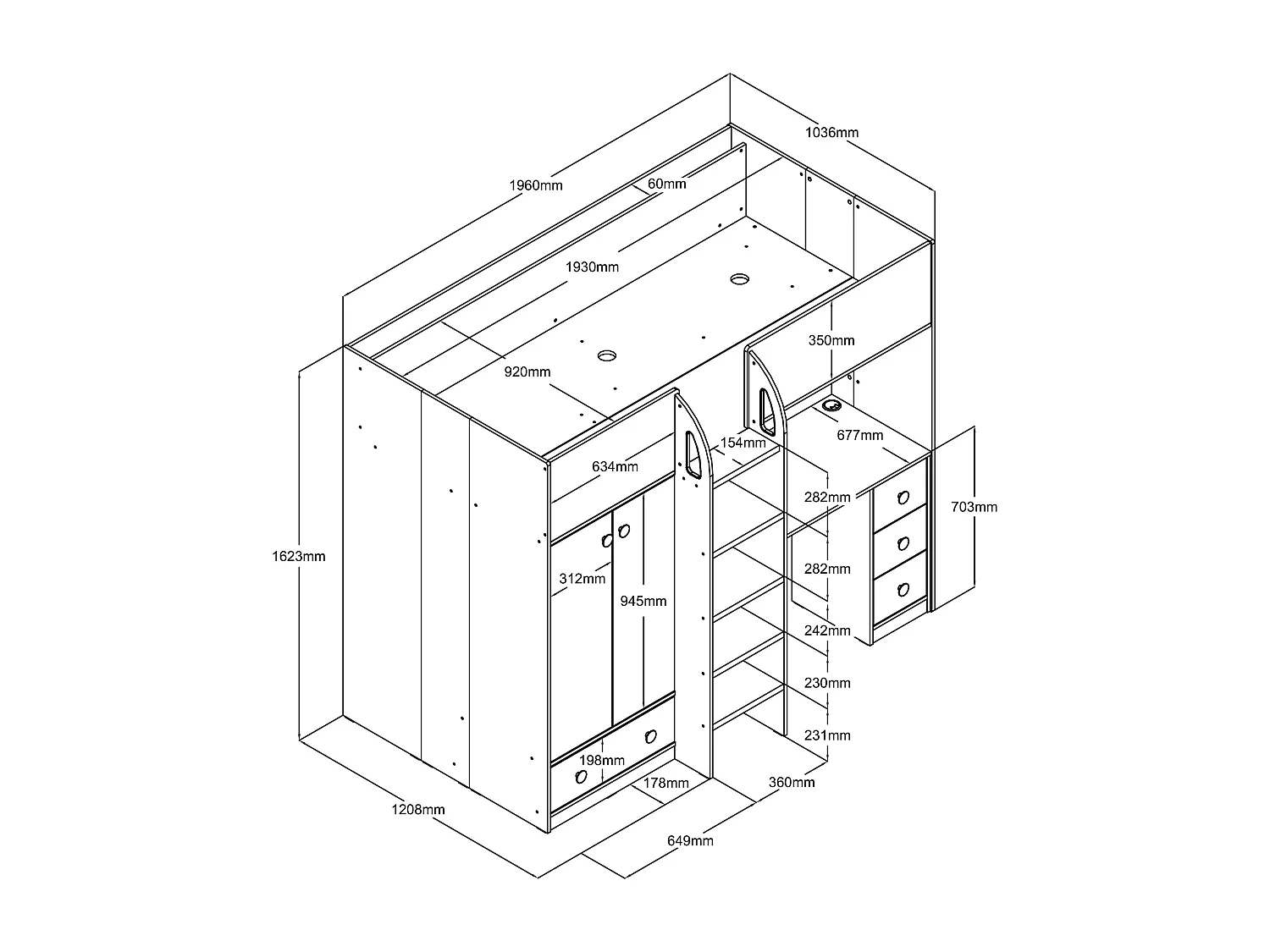 Lit mezzanine 90 x 190 cm avec armoire et bureau - Blanc et naturel + Matelas - CINAMO