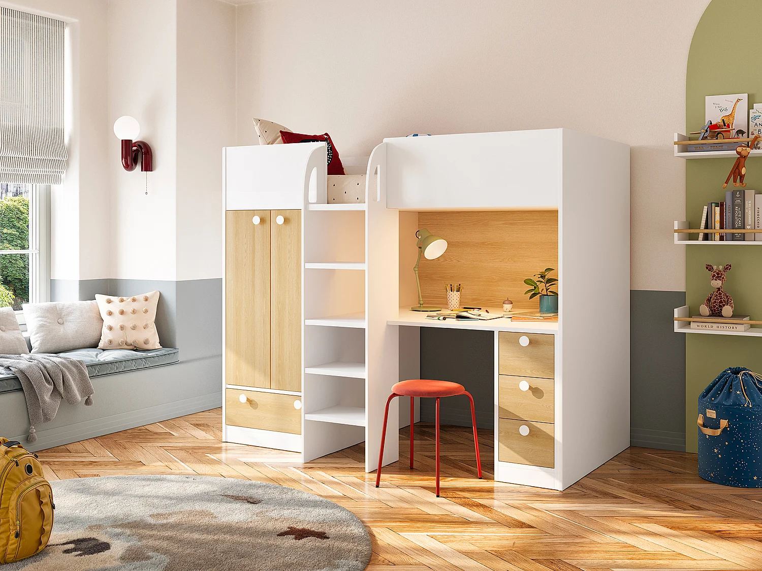Lit mezzanine 90 x 190 cm avec armoire et bureau - Blanc et naturel + Matelas - CINAMO